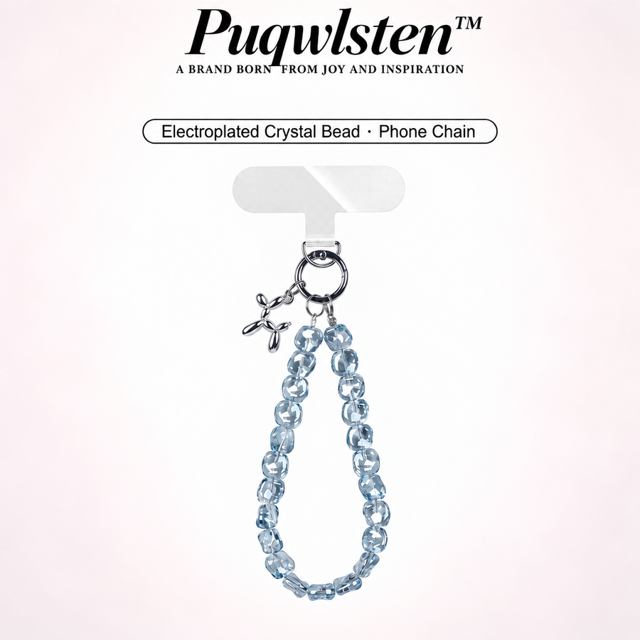 Transparent Light Blue Crystal Phone Wrist Strap – Beaded Phone Charm Lanyard with Silver Keyring