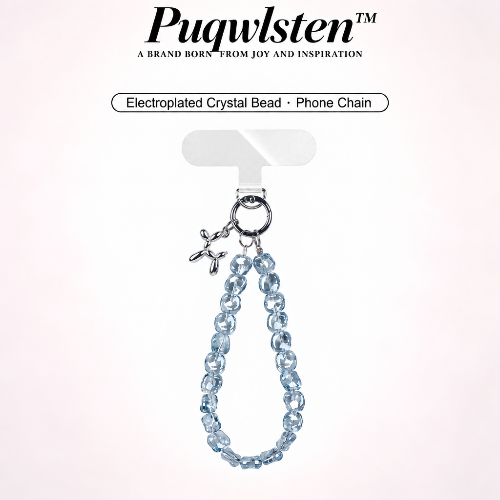 Transparent Light Blue Crystal Phone Wrist Strap – Beaded Phone Charm Lanyard with Silver Keyring