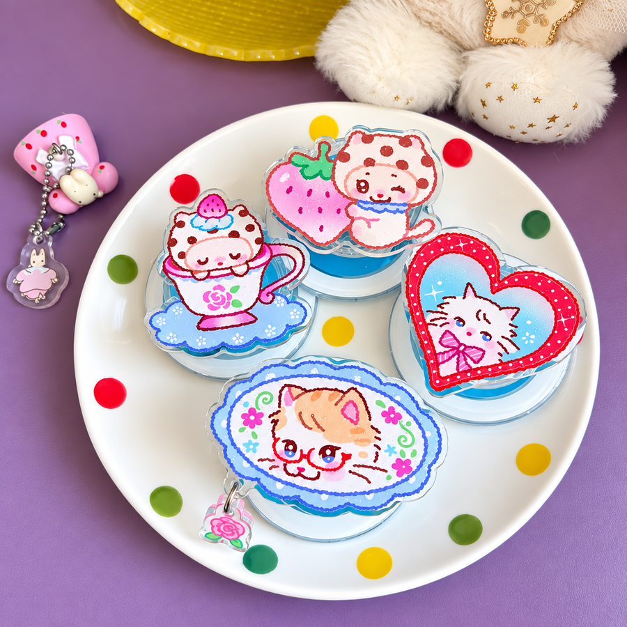 Rose Dessert Cat Magnetic Phone Grip – Kawaii Floral MagSafe-Compatible Expanding Stand