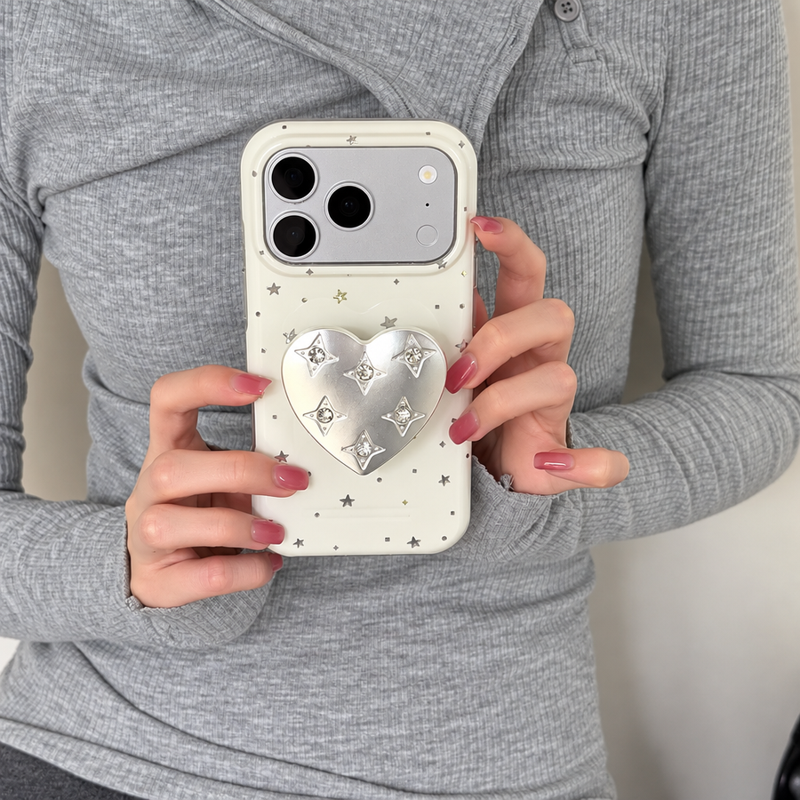 Silver Star & Heart Rhinestone Phone Case with 3D Heart Grip – Y2K Bling Aesthetic Cover